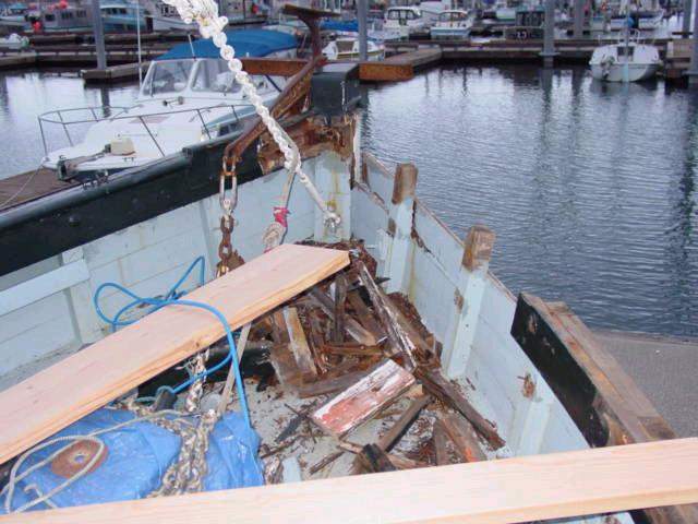 Bow rotten railing removed, view from inside of boat