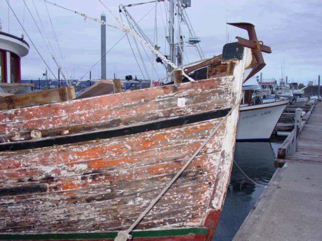 Bow rotten railing removed, view from outside of boat