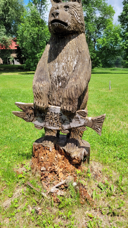 Bear carving on rotted stump