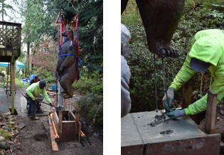 Concrete being put into the form one shovel at a time and the washers being removed