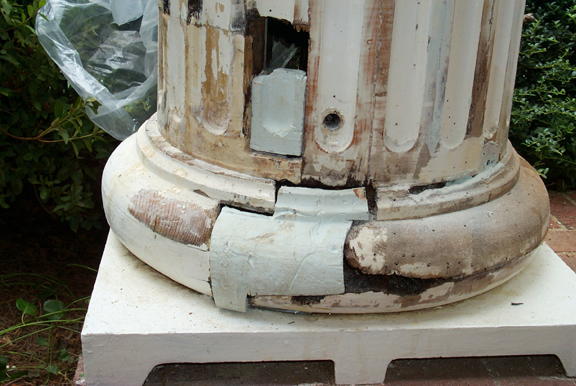 Molded pieces fabricated from Fill-It Epoxy Filler in place, side view of column on corner of porch
